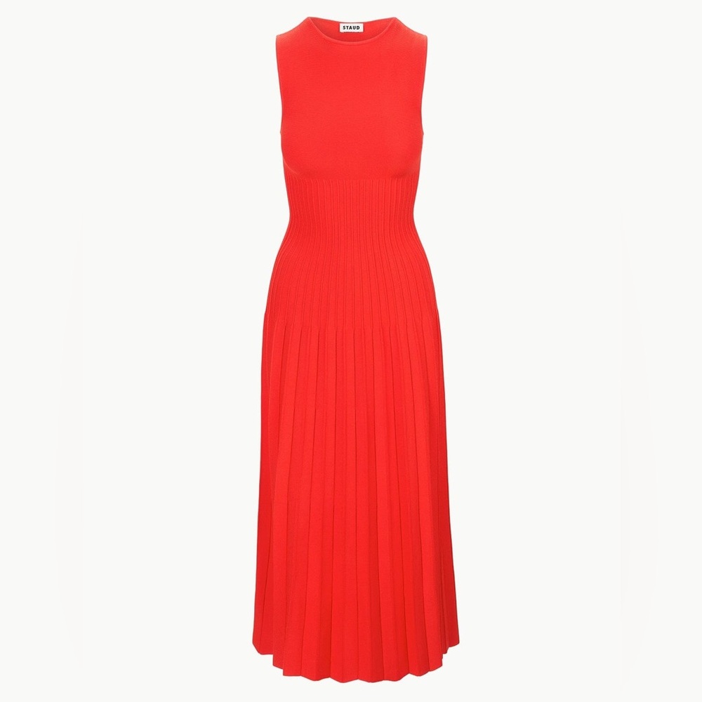 NEW NWT STAUD Elyse Midi Dress In Cayenne Orange Red - Picture 2 of 10